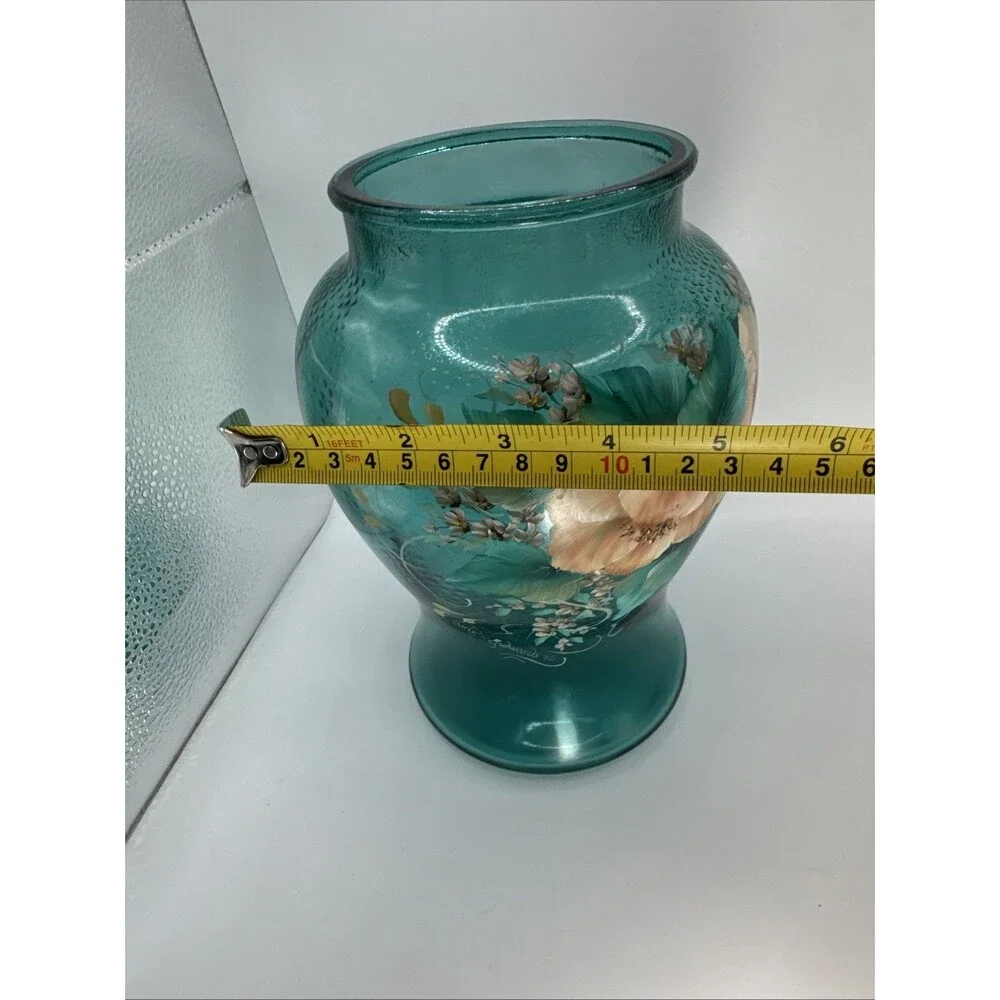 Vintage Hand Painted  Pink Floral On Teal Vase Signed Edwards 9x6.5” Cottagecore
